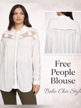 Free People Womens Blouse SP  Ivory  Crochet Lace Button-Down Boho
